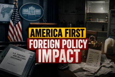 America First policy tension between foreign commitments and rising domestic living costs