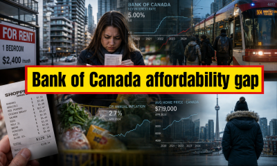Investigative newsroom-style image depicting Bank of Canada affordability gap with Canadian urban cost-of-living visuals and financial pressure symbolism.