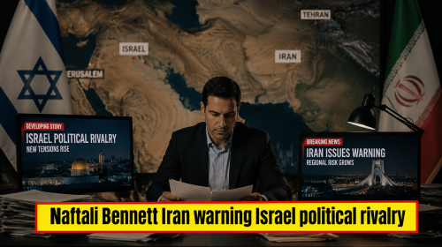 Naftali Bennett Iran warning Israel political rivalry investigative newsroom scene showing Middle East tension map and political broadcast visuals