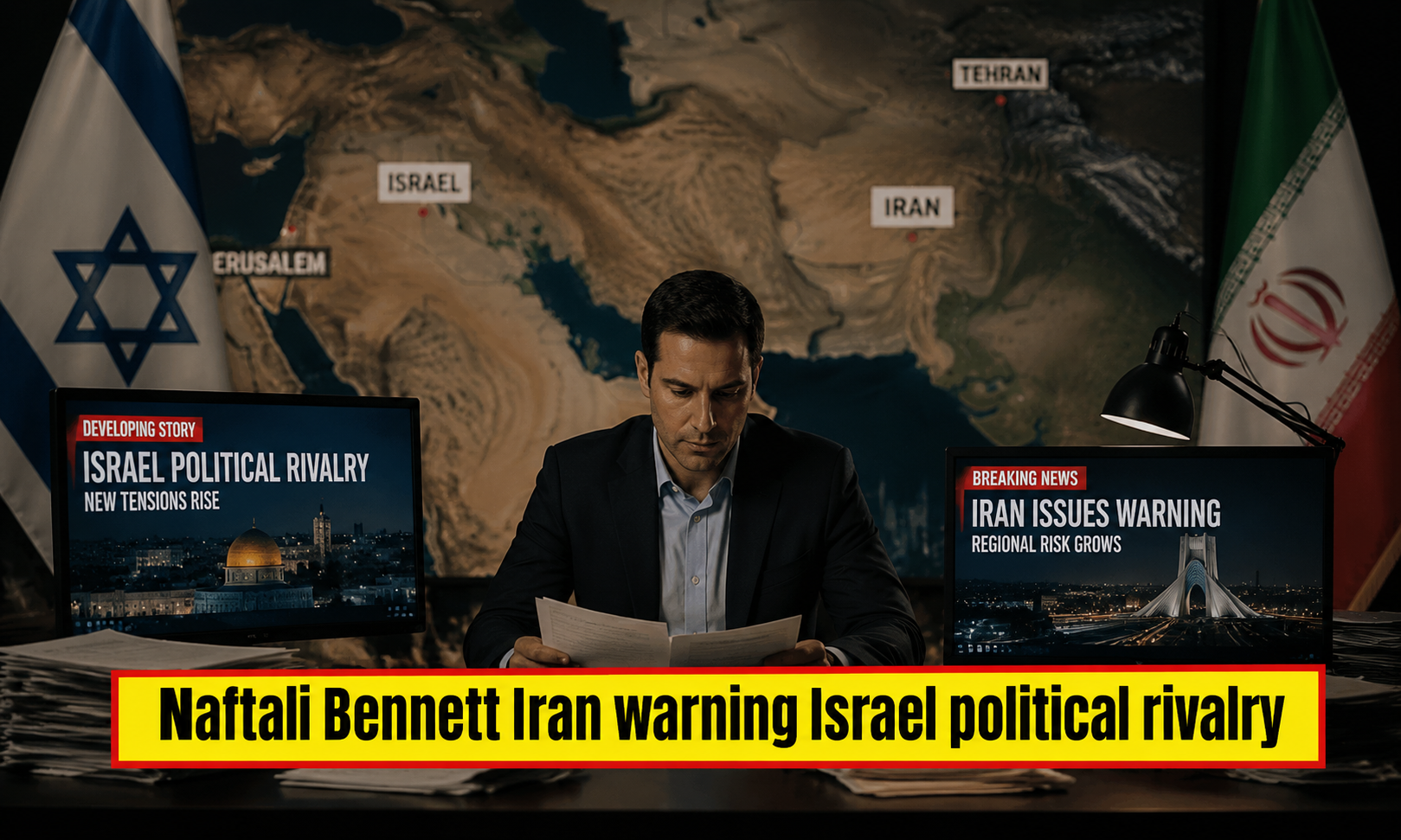 Naftali Bennett Iran warning Israel political rivalry investigative newsroom scene showing Middle East tension map and political broadcast visuals