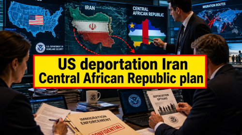 Investigative newsroom scene showing analysts reviewing the US deportation Iran Central African Republic plan with global maps and policy documents.