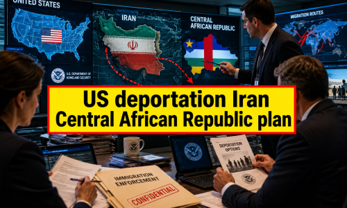 Investigative newsroom scene showing analysts reviewing the US deportation Iran Central African Republic plan with global maps and policy documents.