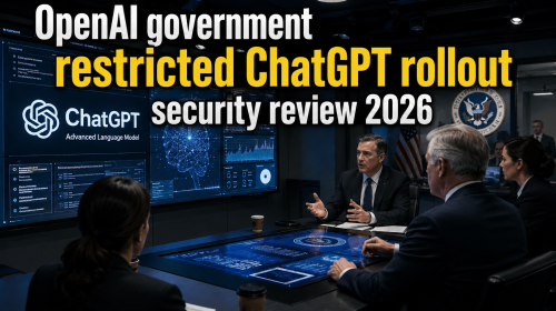 Newsroom illustration showing OpenAI ChatGPT rollout restricted by government security review, highlighting AI regulation and cybersecurity oversight debate