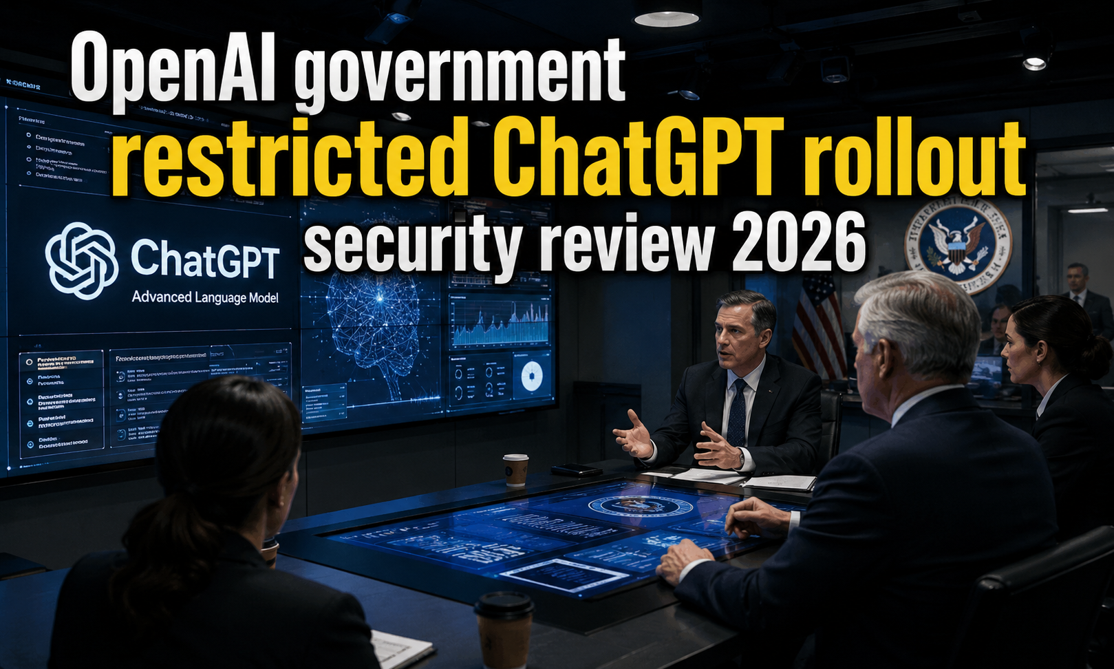Newsroom illustration showing OpenAI ChatGPT rollout restricted by government security review, highlighting AI regulation and cybersecurity oversight debate