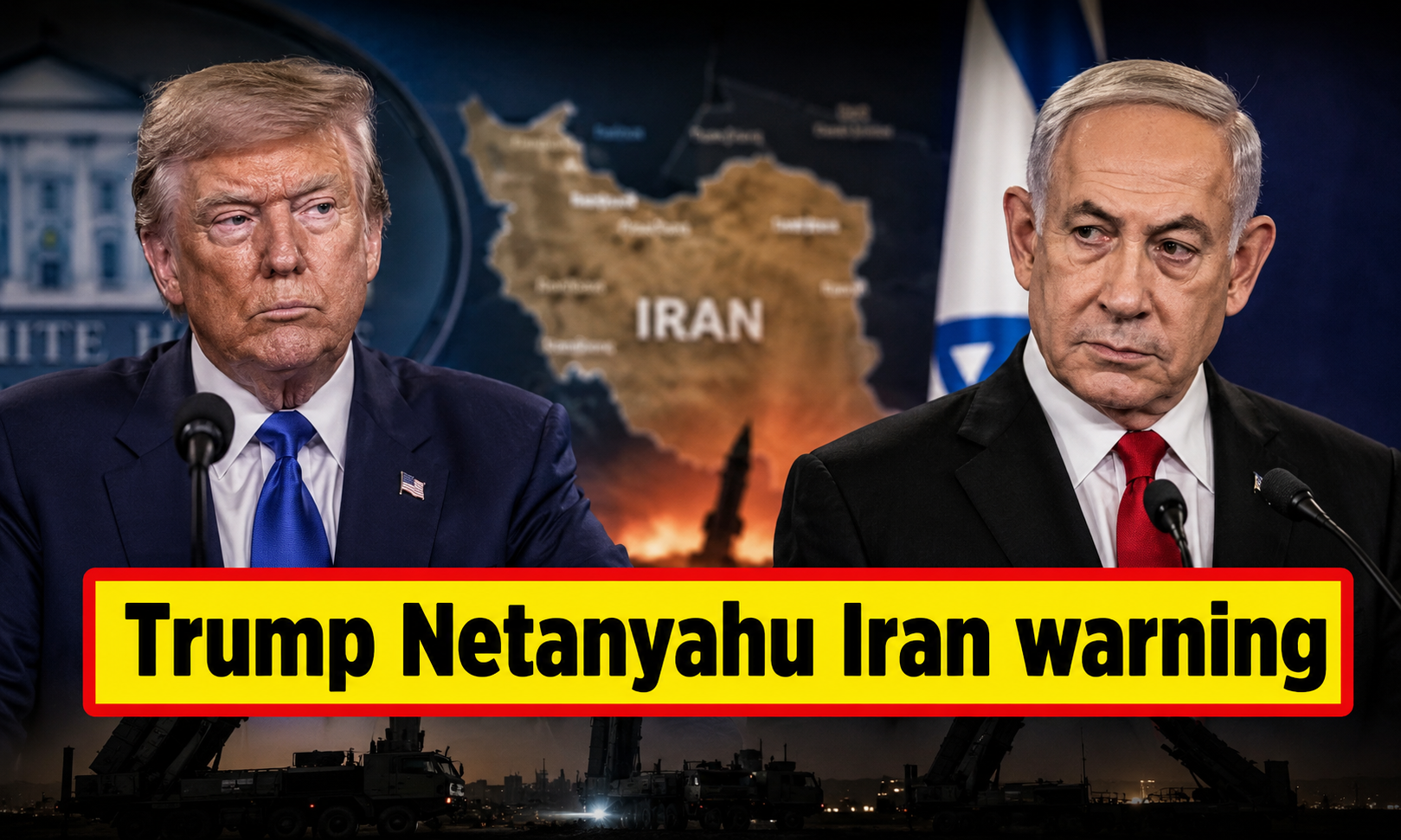 Trump Netanyahu Iran warning investigative newsroom scene showing tension between Donald Trump and Benjamin Netanyahu over Iran strategy in cinematic documentary style.