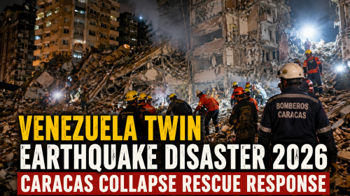 Rescue crews searching collapsed buildings in Caracas after twin earthquakes, Venezuela disaster 2026 emergency response scene