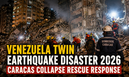 Rescue crews searching collapsed buildings in Caracas after twin earthquakes, Venezuela disaster 2026 emergency response scene