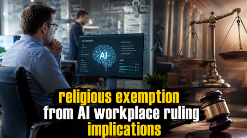 Workplace AI exemption ruling discussion in modern office setting showing AI software on computer screens and legal documents representing religious exemption from AI workplace ruling implications