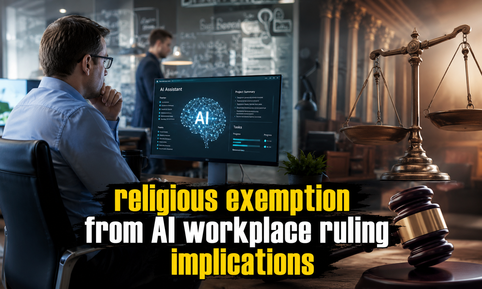 Workplace AI exemption ruling discussion in modern office setting showing AI software on computer screens and legal documents representing religious exemption from AI workplace ruling implications