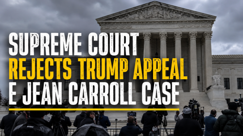 Editorial courtroom scene with headline text supreme court rejects trump appeal e jean carroll case showing legal tension in a high-profile ruling