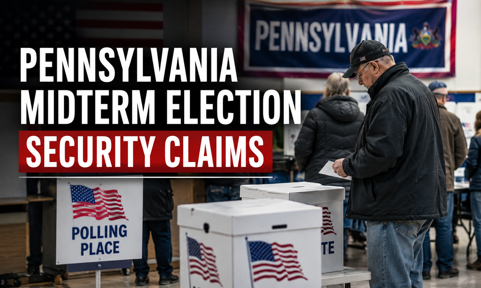 Pennsylvania midterm election security claims debate with ballots and polling station