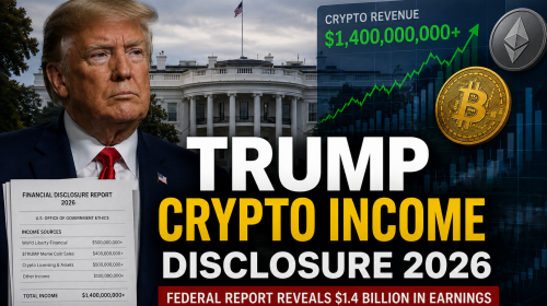 Trump crypto income disclosure 2026 headline showing federal report revealing $1.4 billion earnings from cryptocurrency ventures