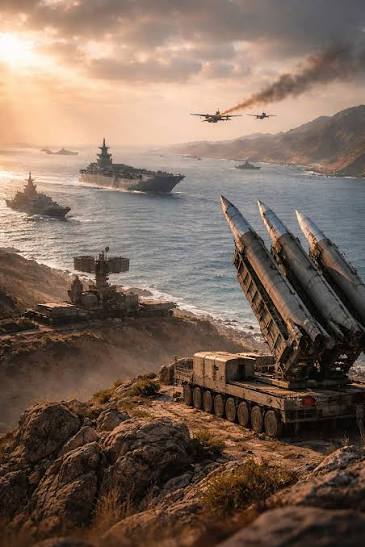 US Iran strikes Strait of Hormuz showing naval ships, military aircraft, and rising tensions in a realistic newsroom-style image