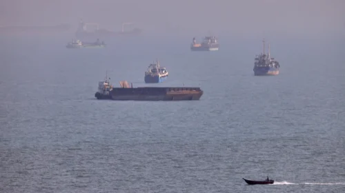 Commercial ships and military vessels near the Strait of Hormuz amid renewed U.S.-Iran attacks