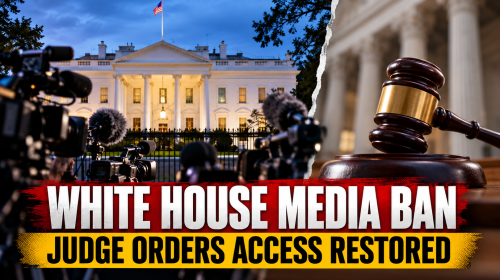 Federal courthouse and White House press cameras illustrating the Trump White House media ban involving CNN, MS NOW and Politico.