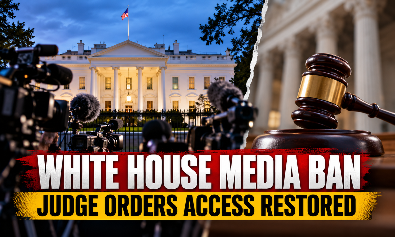 Federal courthouse and White House press cameras illustrating the Trump White House media ban involving CNN, MS NOW and Politico.