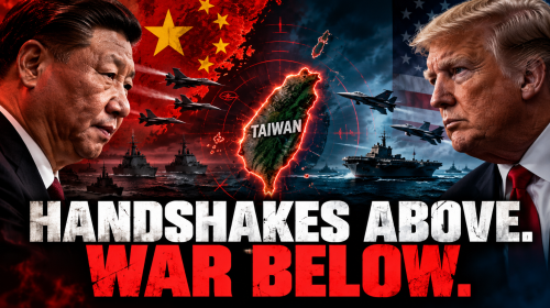U.S. and Chinese leaders facing each other over a dark map of Taiwan as military tensions rise in the Taiwan Strait.