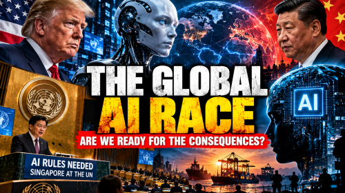 Global AI race 2026 showing artificial intelligence technology between the United States and China as world leaders debate international AI safeguards.