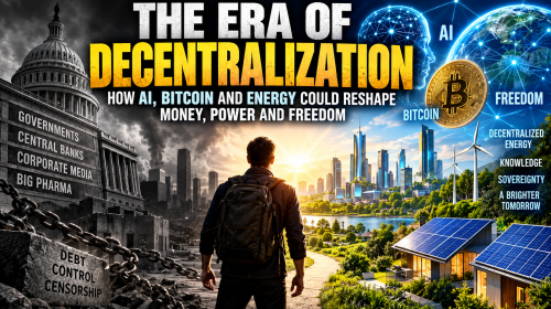 Digital illustration showing decentralized AI, Bitcoin, distributed energy networks and individuals connected across a changing global financial and technological system.