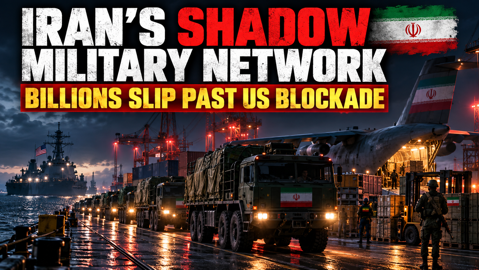 Editorial illustration of Iranian military supply trucks and cargo shipments representing Iran's secret procurement network operating despite US sanctions.