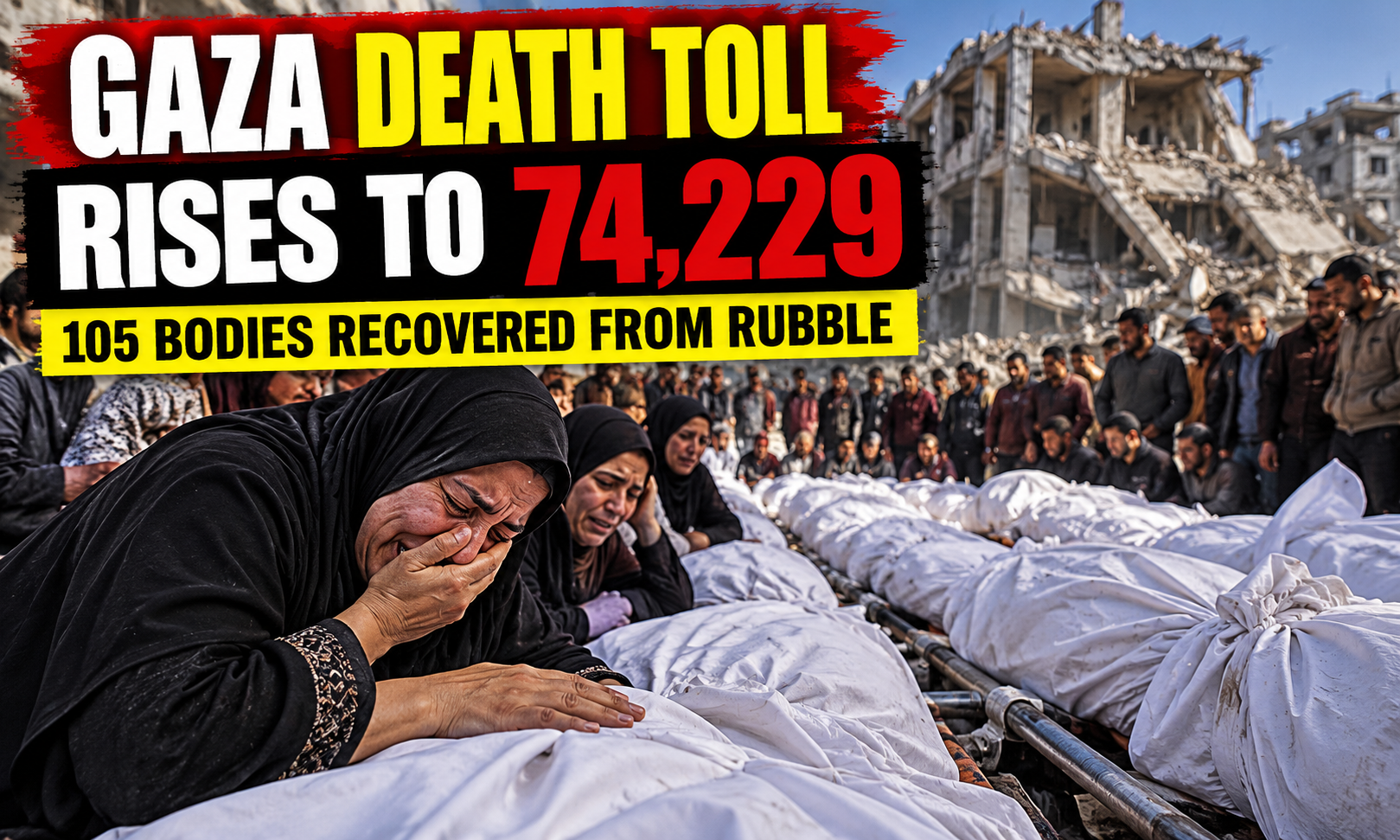 Palestinian mourners gather for a mass funeral in Gaza following the reported recovery of 105 bodies from a residential building destroyed by Israeli air strikes.