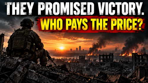Lone soldier overlooking a devastated battlefield illustrating the human cost of war and the consequences of military escalation.