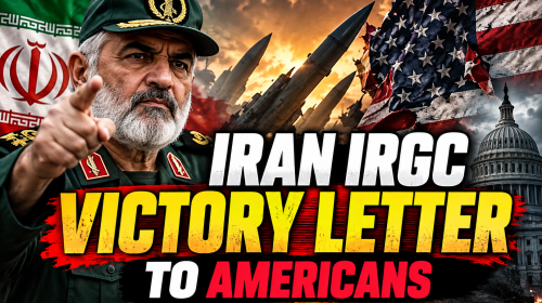 Iran IRGC victory letter controversy featuring Iranian Revolutionary Guards, Iranian flags and a dramatic Middle East conflict backdrop.
