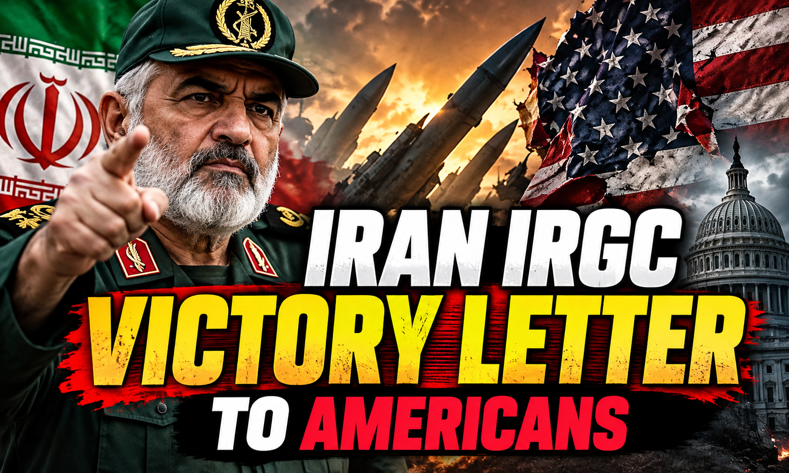 Iran IRGC victory letter controversy featuring Iranian Revolutionary Guards, Iranian flags and a dramatic Middle East conflict backdrop.