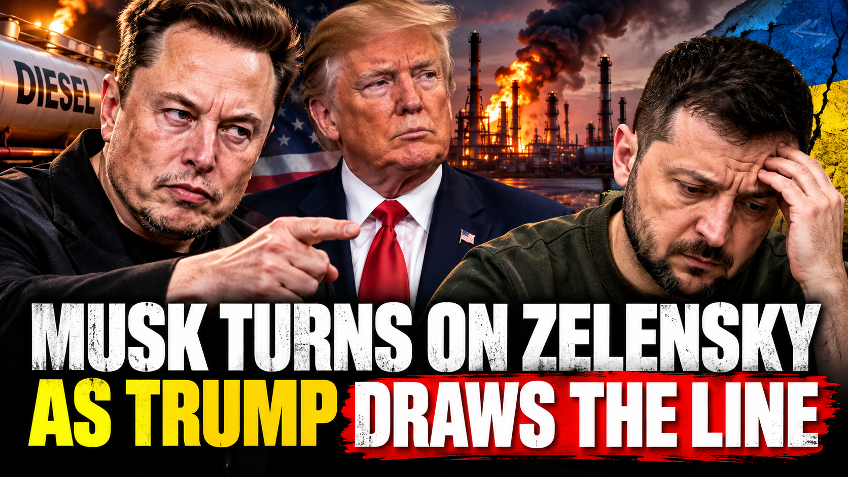 Elon Musk, Donald Trump and Volodymyr Zelensky amid escalating US–Ukraine tensions over Russian refinery attacks and diesel supplies.