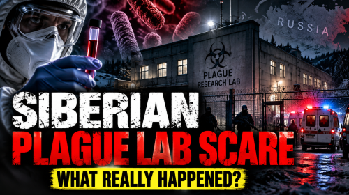 Dark editorial image illustrating the Siberian plague lab scare with a sealed Russian research laboratory, biohazard warning and emergency response vehicles.