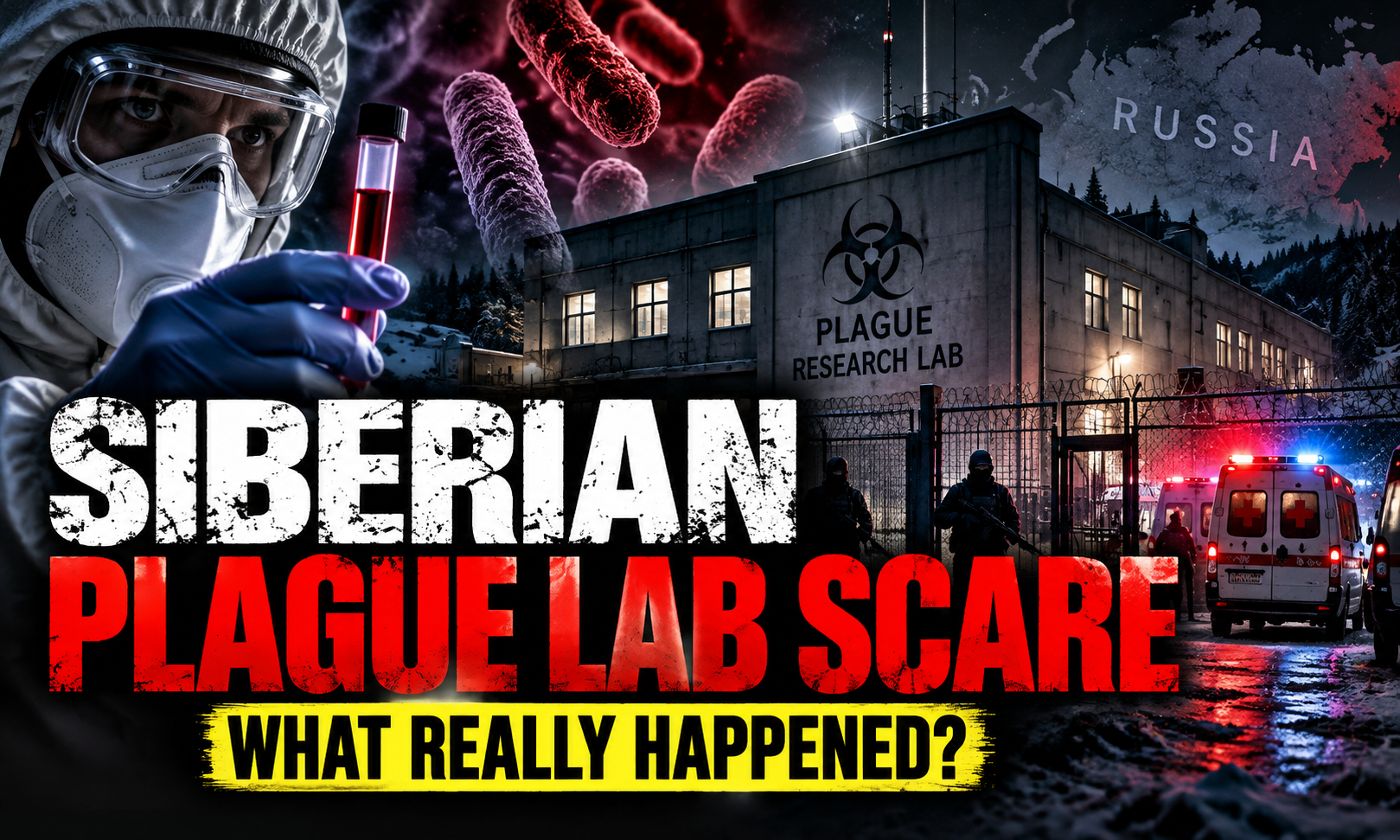 Dark editorial image illustrating the Siberian plague lab scare with a sealed Russian research laboratory, biohazard warning and emergency response vehicles.
