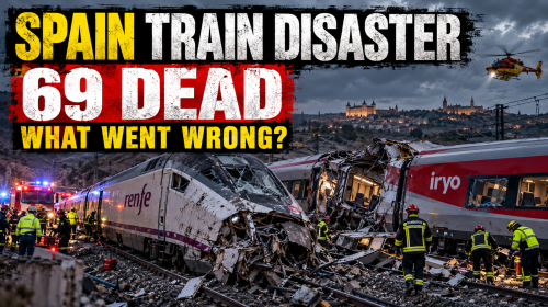Editorial illustration of the deadly Spain high-speed train crash near Toledo involving Renfe and Iryo trains.