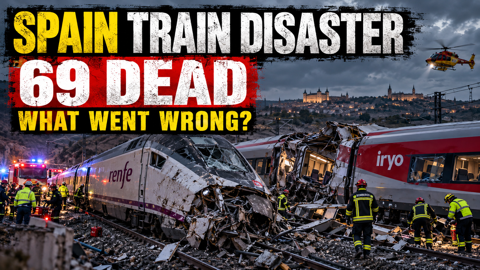 Editorial illustration of the deadly Spain high-speed train crash near Toledo involving Renfe and Iryo trains.